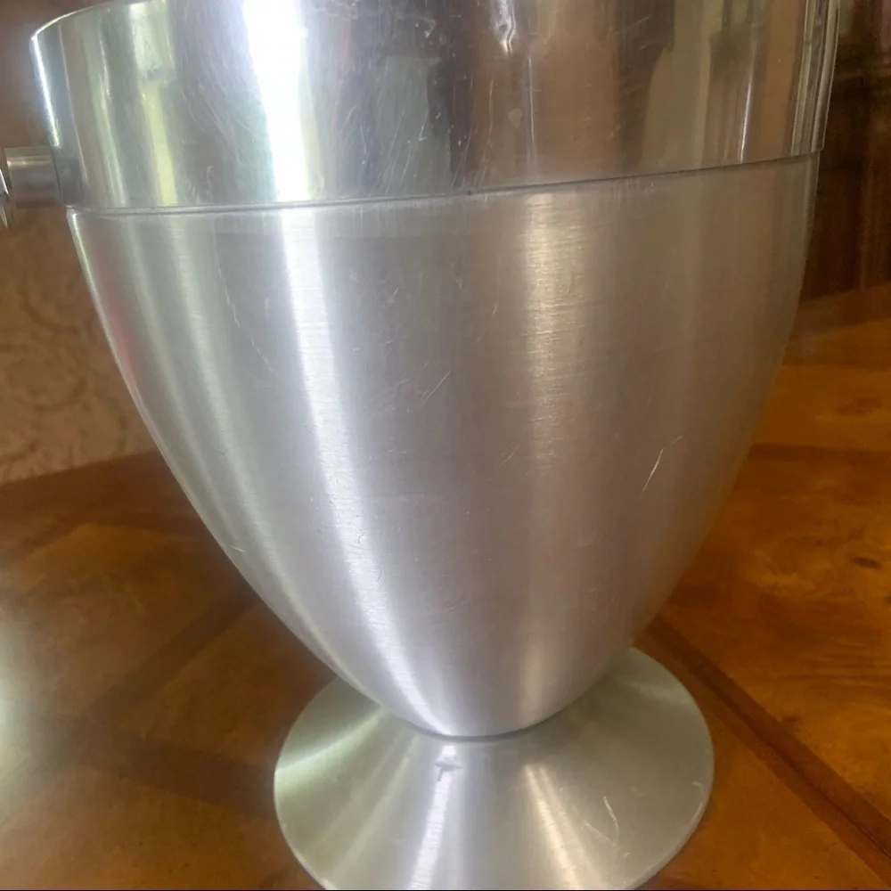 Vintage Mid Century Modern Brushed Stainless Steel Ice Bucket & Strainer